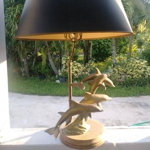 ON HOLD Donald McDonald brass Dolphins Jumping Table Lamp Nautical w/ orig Shade